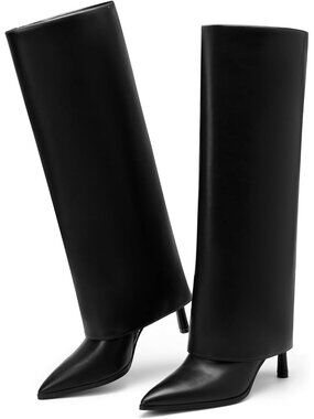 👢Women's Black Pointed Toe Fold Over Knee High Boots Stiletto Heel High Boots